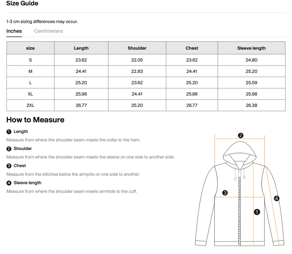 Size chart for WHYELUME Purpose Illuminated heavyweight full-zip hoodie with length, hoodie, chest, and sleeve measurements in inches