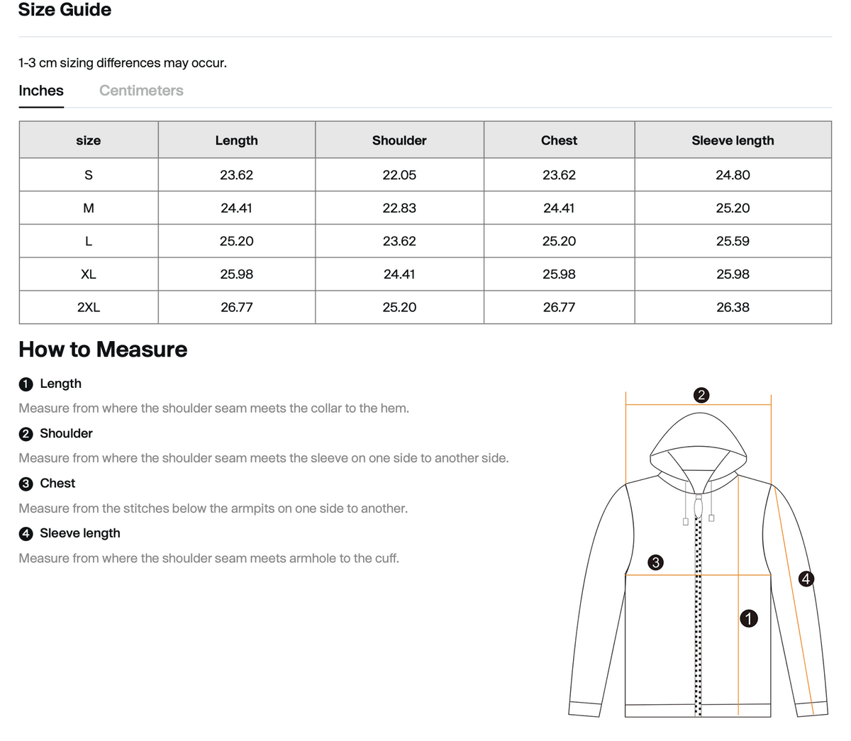 Size chart for WHYELUME Purpose Illuminated heavyweight full-zip hoodie with length, hoodie, chest, and sleeve measurements in inches
