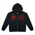Front view of black WHYELUME Poured Empty full zip hoodie with red surreal graphic panels on both chest sides