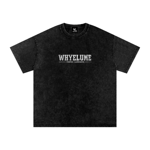 Front view of black snow washed WHYELUME Essentials Radiant Mark tee with small white wordmark chest graphic