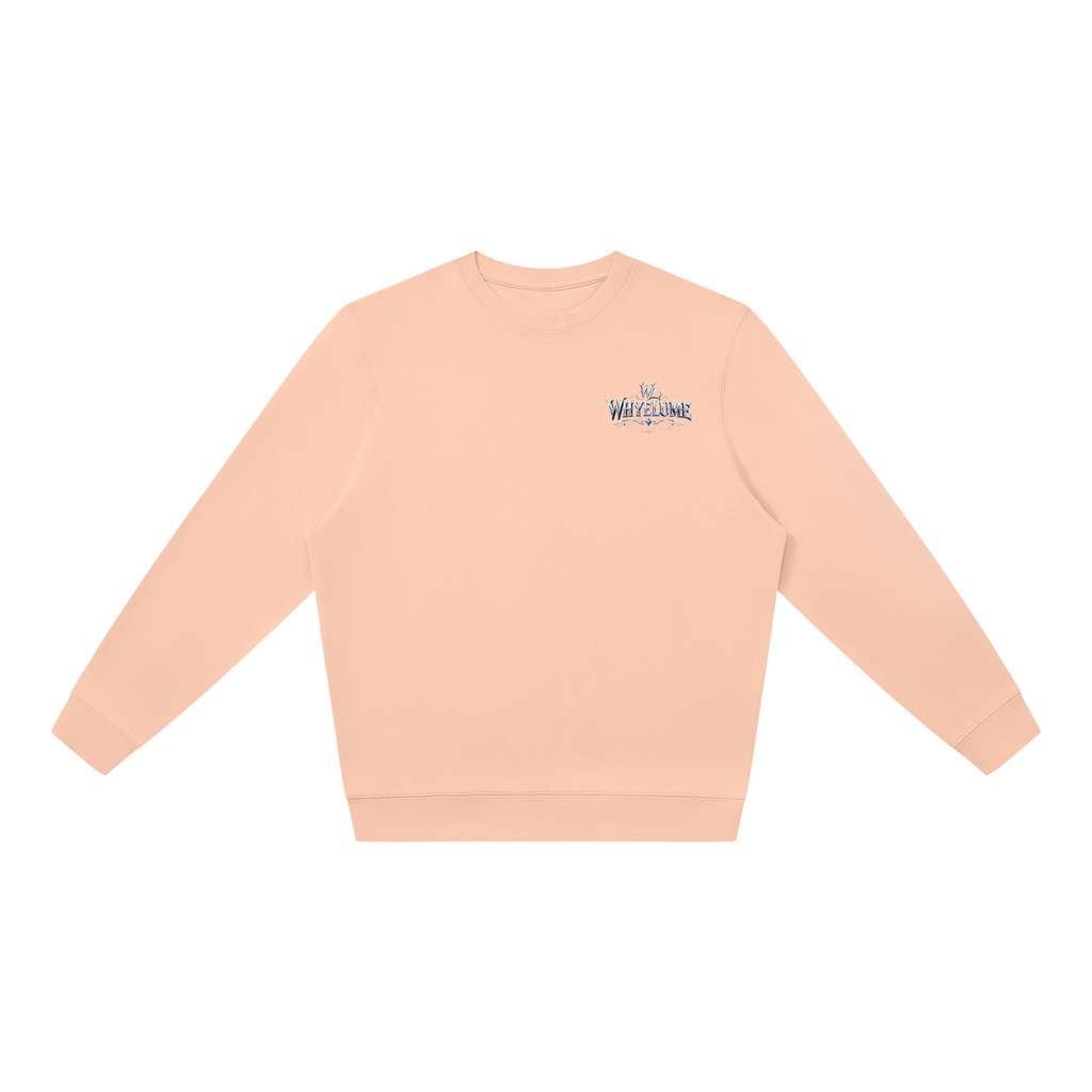 Front view of pink WHYELUME Silver Crest crewneck sweatshirt with small silver crest chest graphic