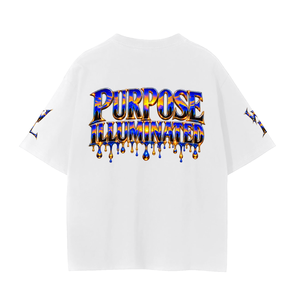 Back view of solid white WHYELUME Purpose Illuminated seamless tee with blue and gold Purpose Illuminated drip graphic