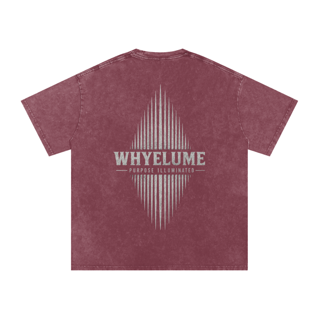 Back view of dark red snow washed WHYELUME Essentials Radiant Mark tee with white radiant burst graphic