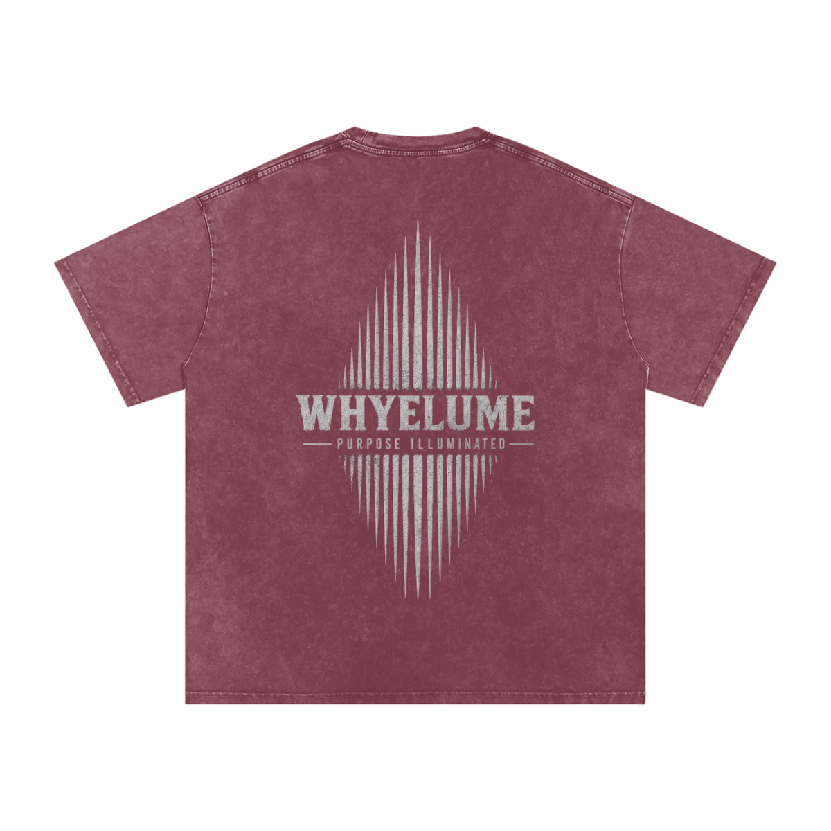 Back view of dark red snow washed WHYELUME Essentials Radiant Mark tee with white radiant burst graphic