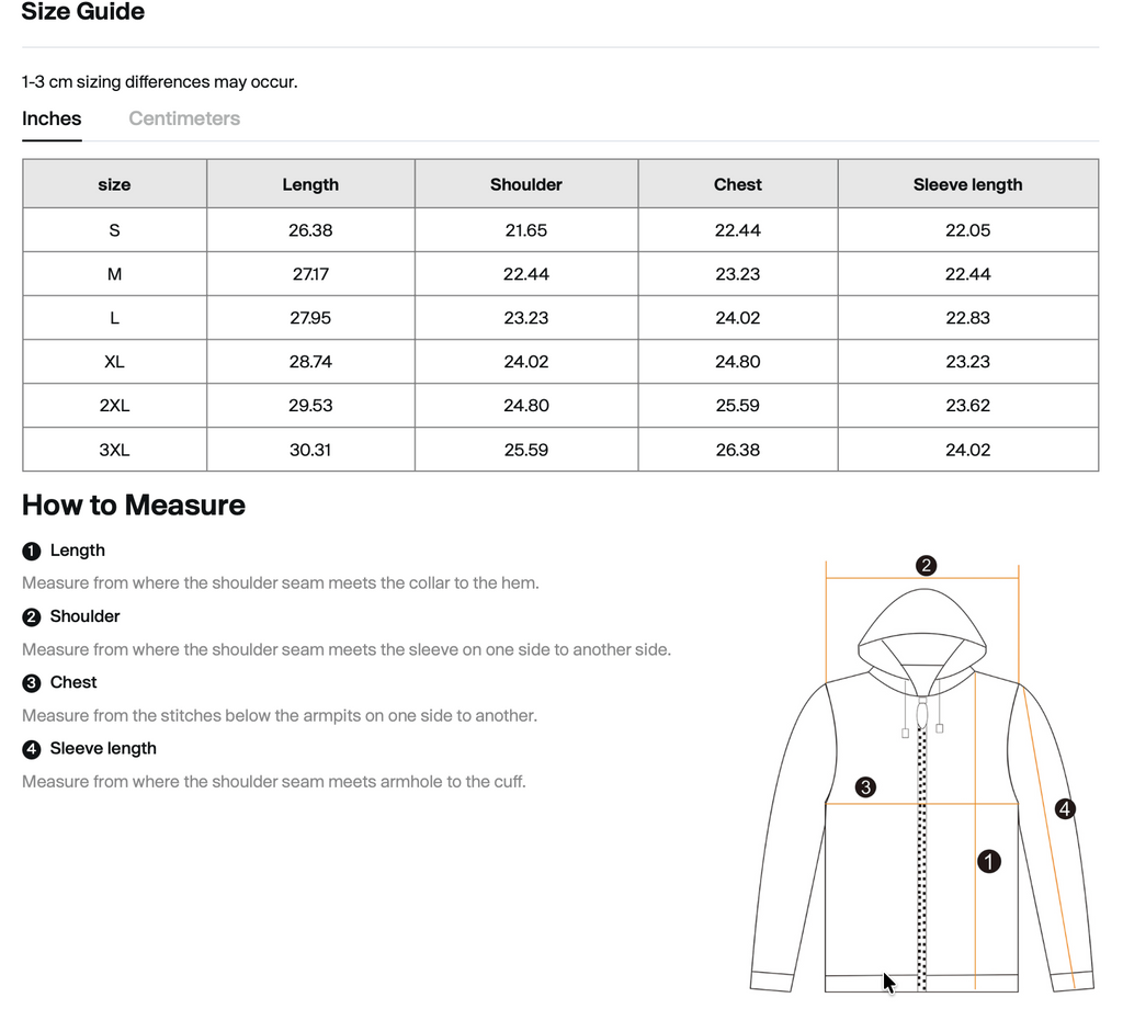 Size chart for WHYELUME Poured Empty full zip hoodie with chest, length, and sleeve measurements in inches