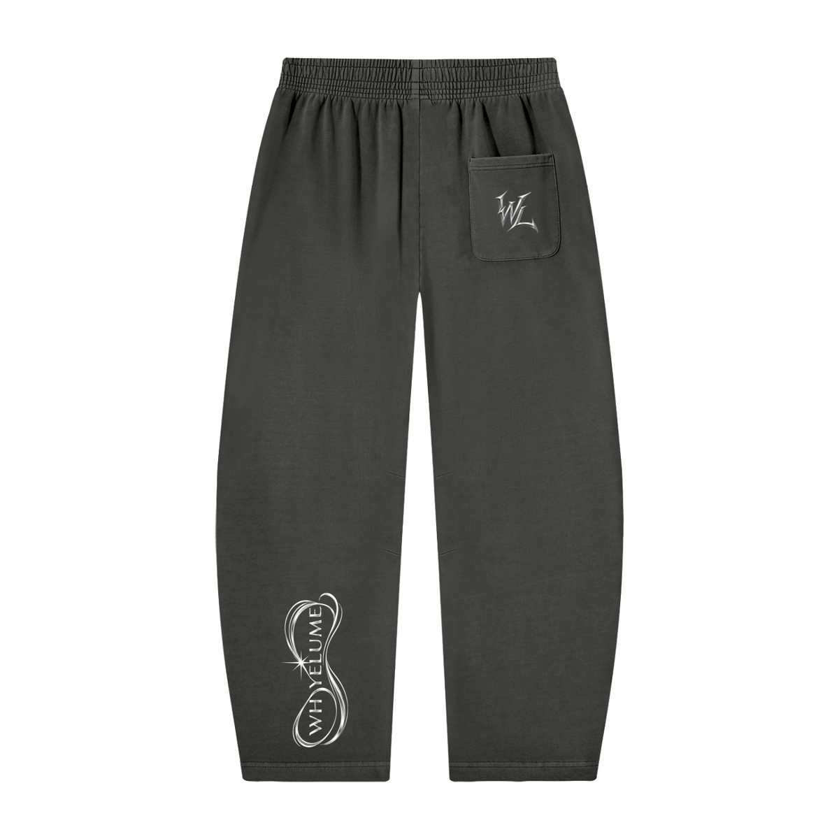 Back view of dark gray WHYELUME Purpose Illuminated barrel-leg sweatpants with white WL pocket mark and lower leg graphic