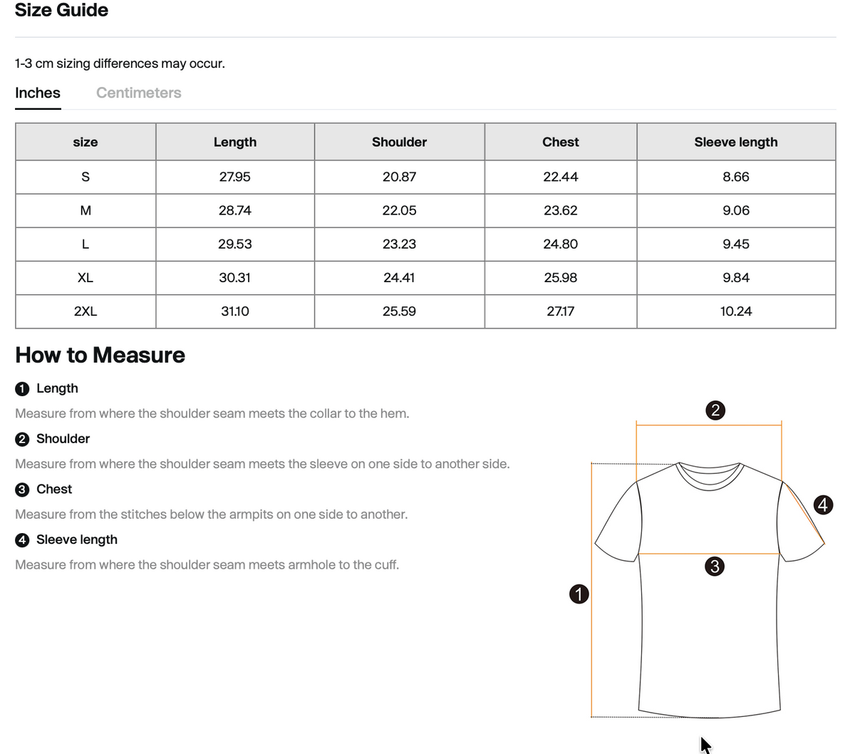 Size chart for WHYELUME Purpose Illuminated contrast drop shoulder tee with length, shoulder, chest, and sleeve measurements in inches