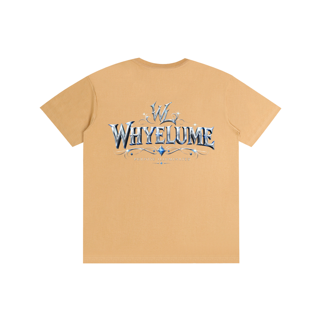 Back view of khaki WHYELUME Silver Crest tee with silver crest wordmark graphic