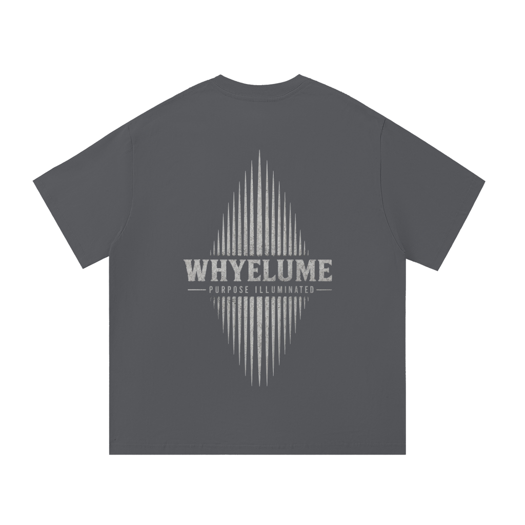 Back view of dark gray WHYELUME Essentials Radiant Mark tee with white radiant burst graphic
