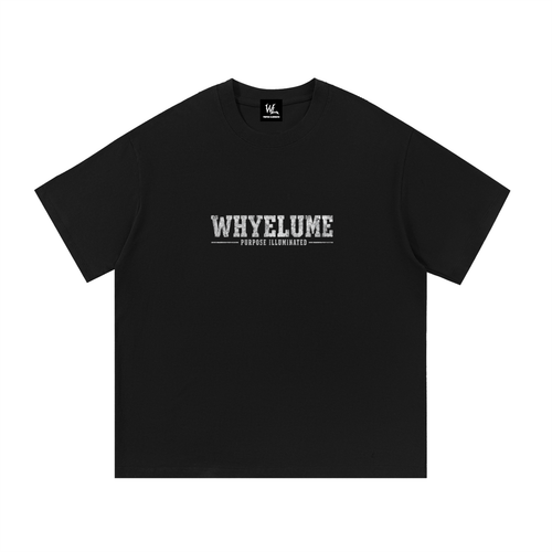 Front view of black WHYELUME Essentials Radiant Mark tee with small white wordmark chest graphic