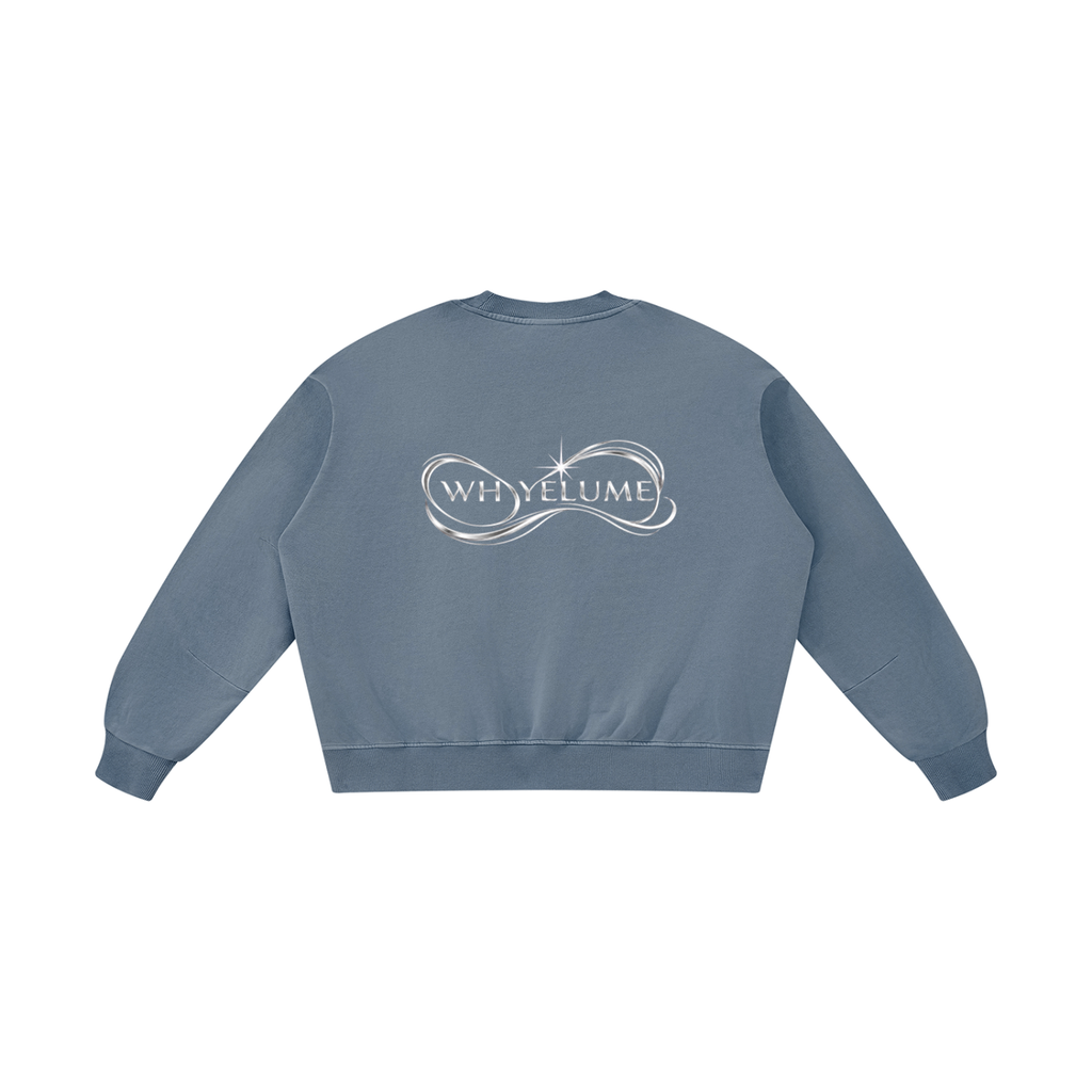 Back view of gray blue WHYELUME Purpose Illuminated vintage washed crewneck with white WHYELUME swirl graphic
