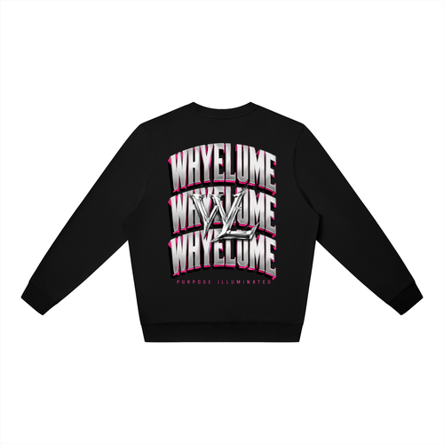 Back view of black WHYELUME Chrome Stack crewneck sweatshirt with white and pink stacked wordmark graphic