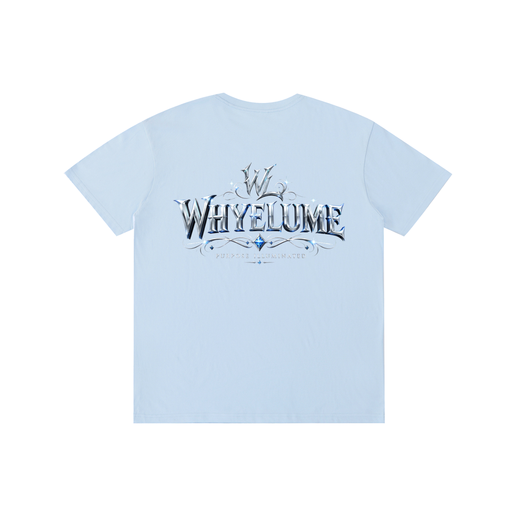 Back view of sky blue WHYELUME Silver Crest tee with silver crest wordmark graphic