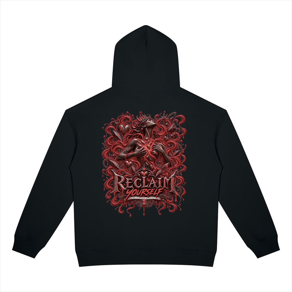 Back view of black WHYELUME Poured Empty hoodie with large red Reclaim Yourself graphic