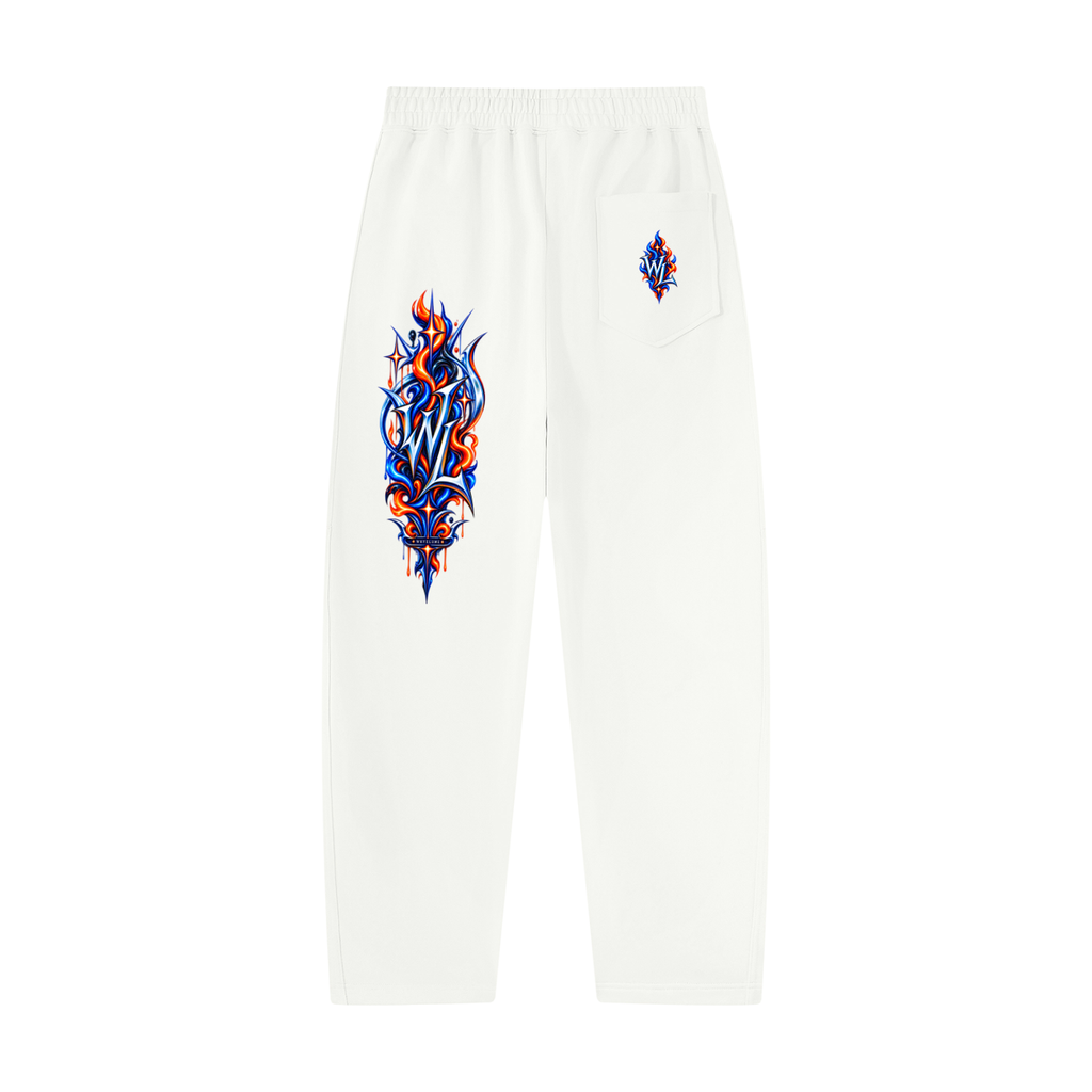 Back view of white WHYELUME Purpose Illuminated sweatpants with blue and orange leg graphic