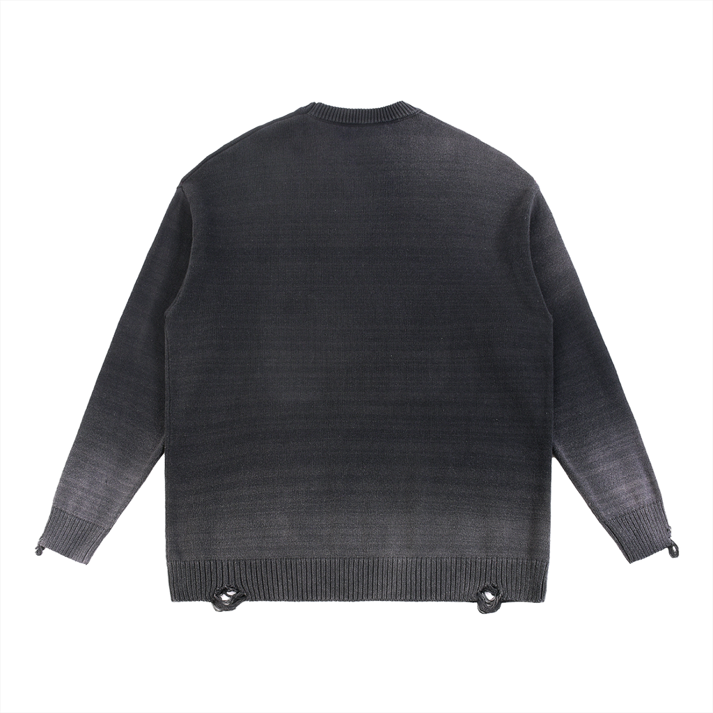 Back view of black sun faded WHYELUME Forged Mark distressed crewneck sweater with ripped detailing at cuffs and hem