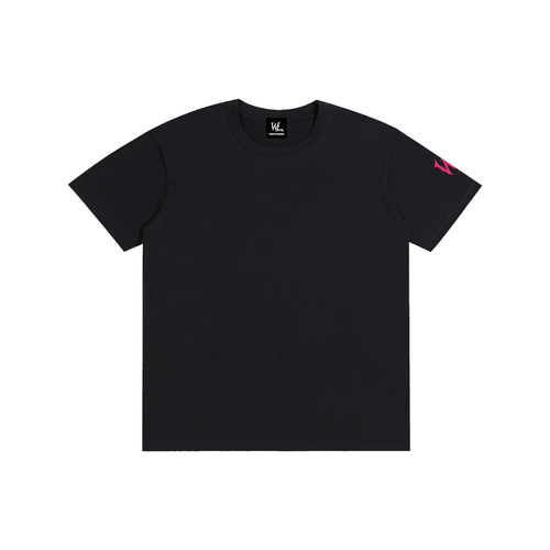 Front view of black WHYELUME Chrome Stack cotton tee with pink sleeve accent graphic