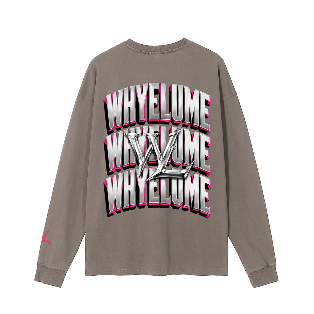 Back view of brown WHYELUME Chrome Stack washed long sleeve tee with white and pink stacked wordmark graphic
