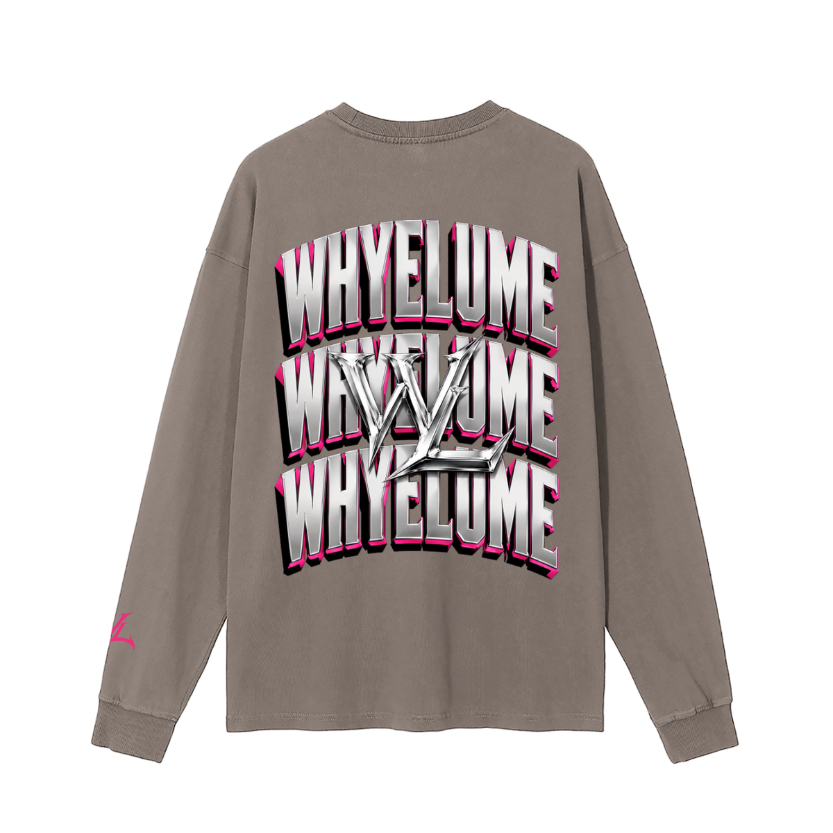 Back view of brown WHYELUME Chrome Stack washed long sleeve tee with white and pink stacked wordmark graphic