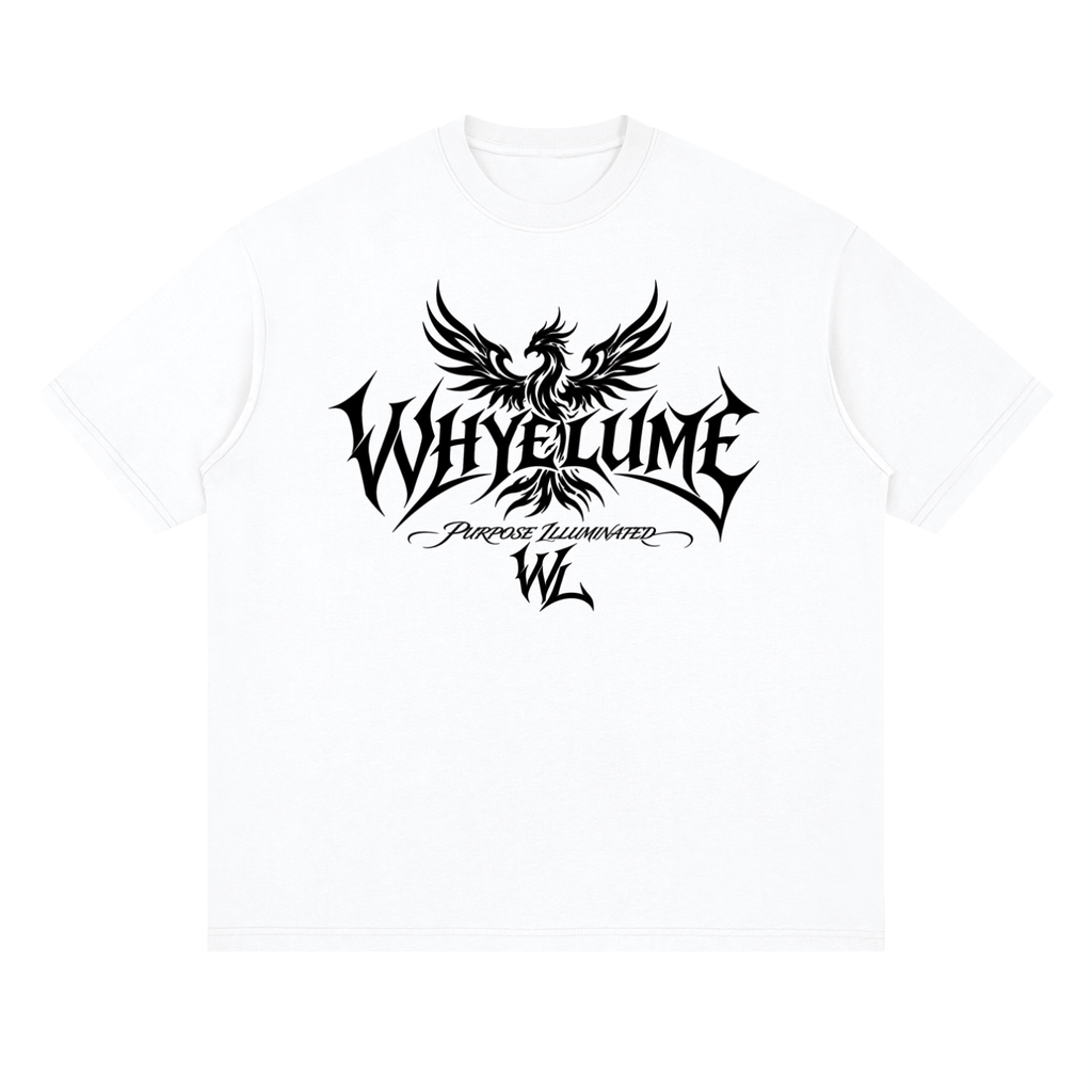 Front view of lucent white WHYELUME Phoenix Purpose Illuminated drop shoulder tee with black phoenix and WL graphic