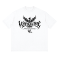 Front view of lucent white WHYELUME Phoenix Purpose Illuminated drop shoulder tee with black phoenix and WL graphic
