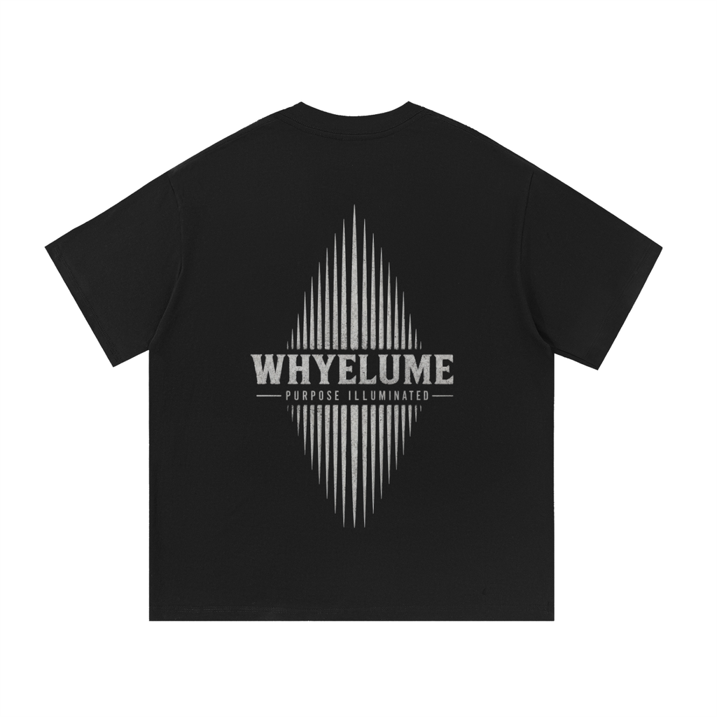 Back view of black WHYELUME Essentials Radiant Mark tee with white radiant burst graphic