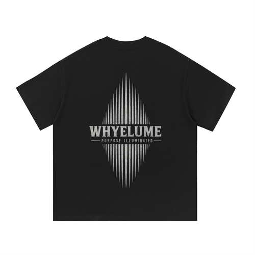 Back view of black WHYELUME Essentials Radiant Mark tee with white radiant burst graphic