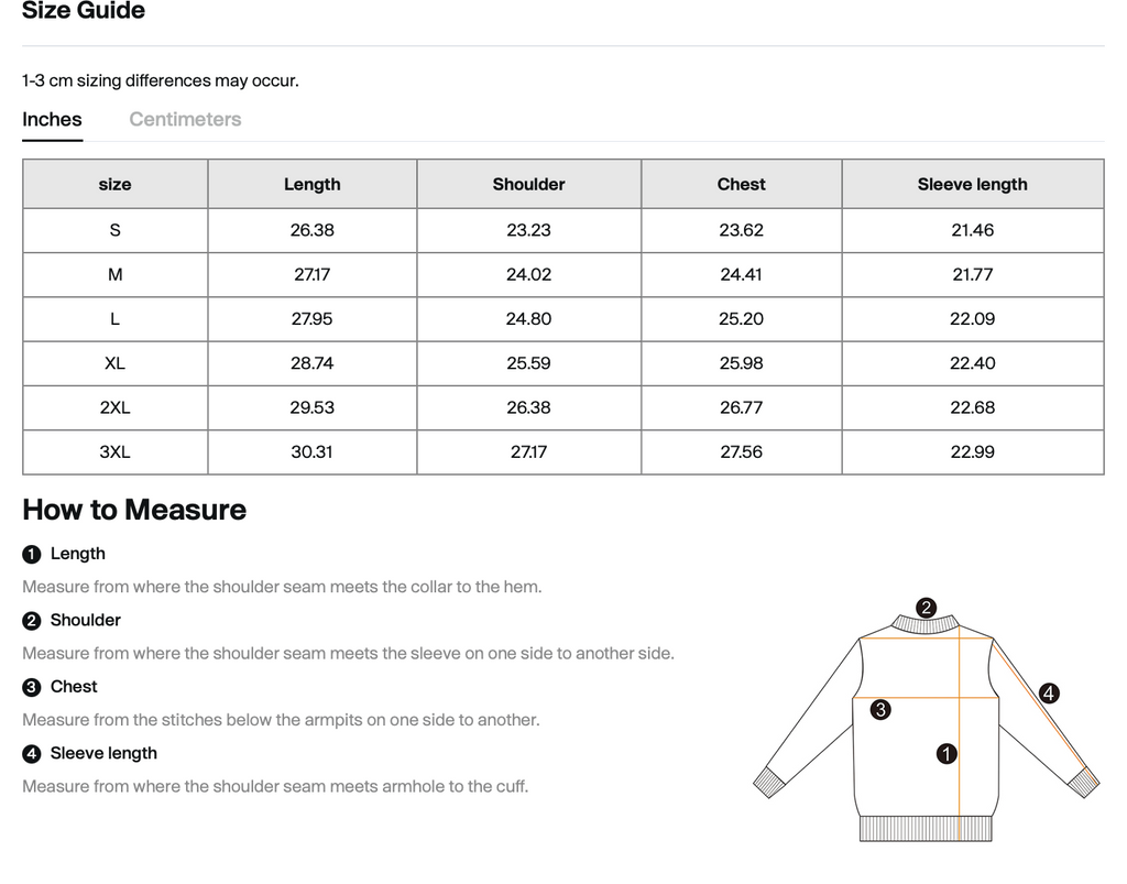 Size chart for WHYELUME Essential heavyweight drop-shoulder hoodie with length, shoulder, chest, and sleeve measurements in inches