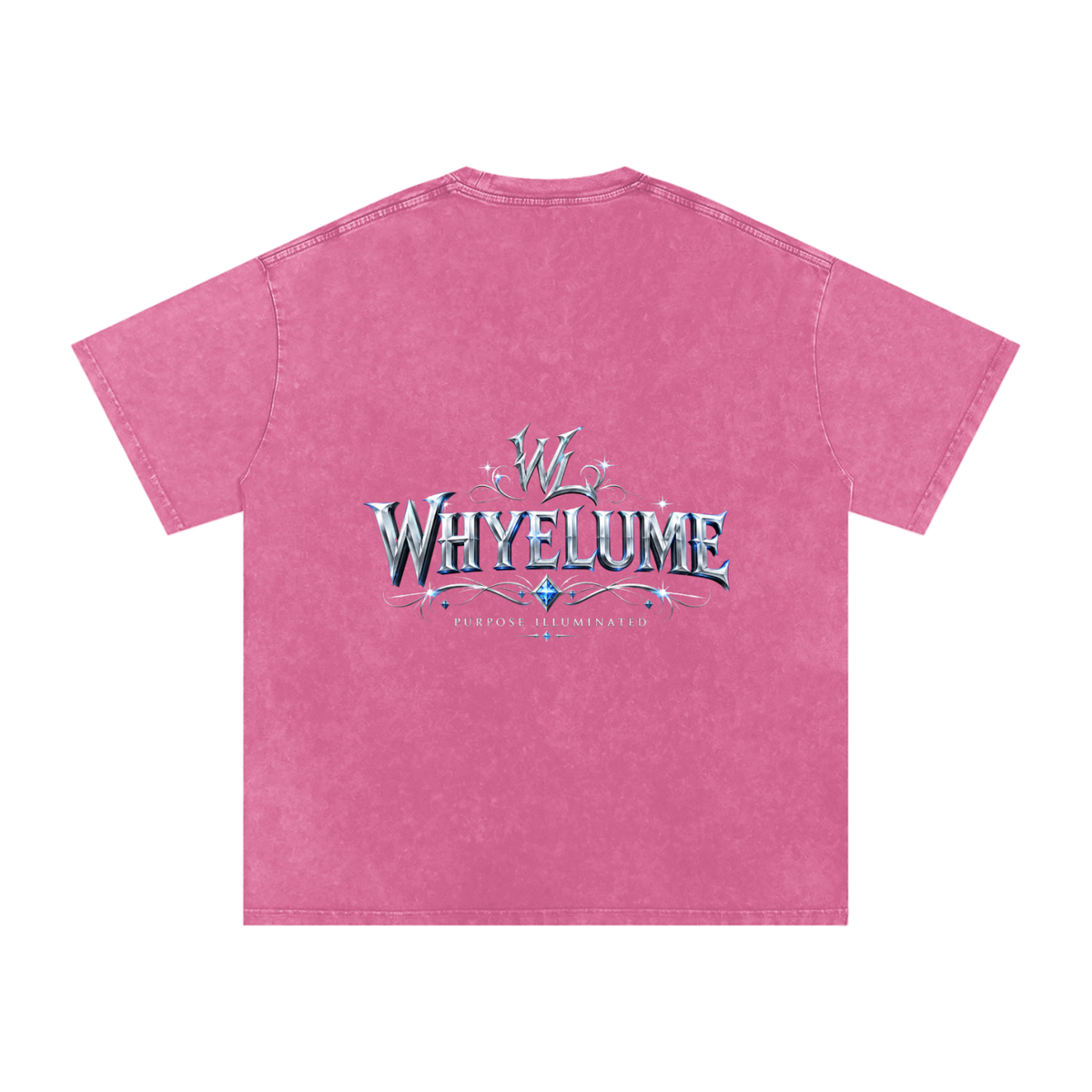 Back view of rose red snow washed WHYELUME Silver Crest tee with silver crest wordmark graphic