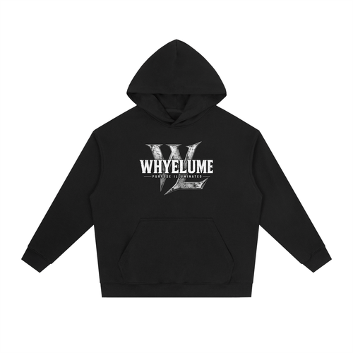 Front view of black WHYELUME Essential heavyweight drop-shoulder hoodie with white wordmark and WL burst chest graphic