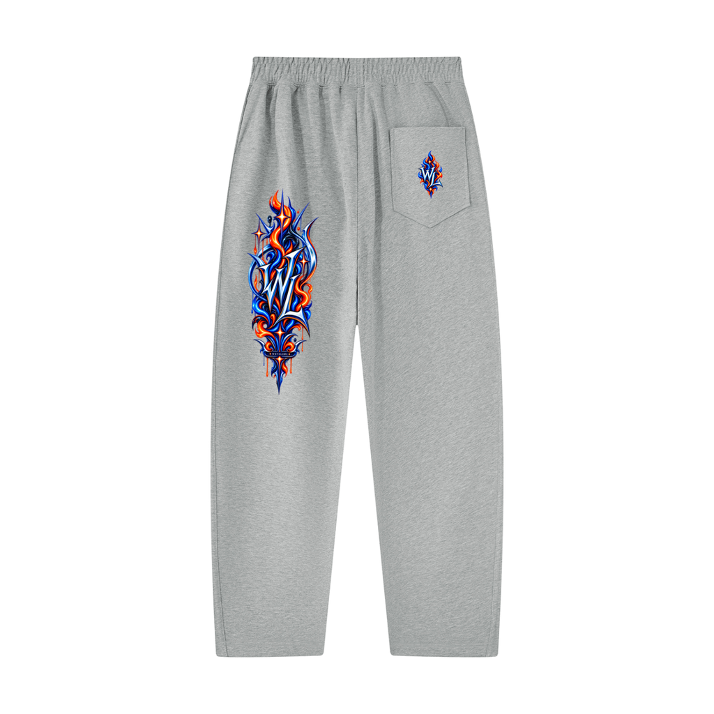 Back view of flower gray WHYELUME Purpose Illuminated sweatpants with blue and orange leg graphic