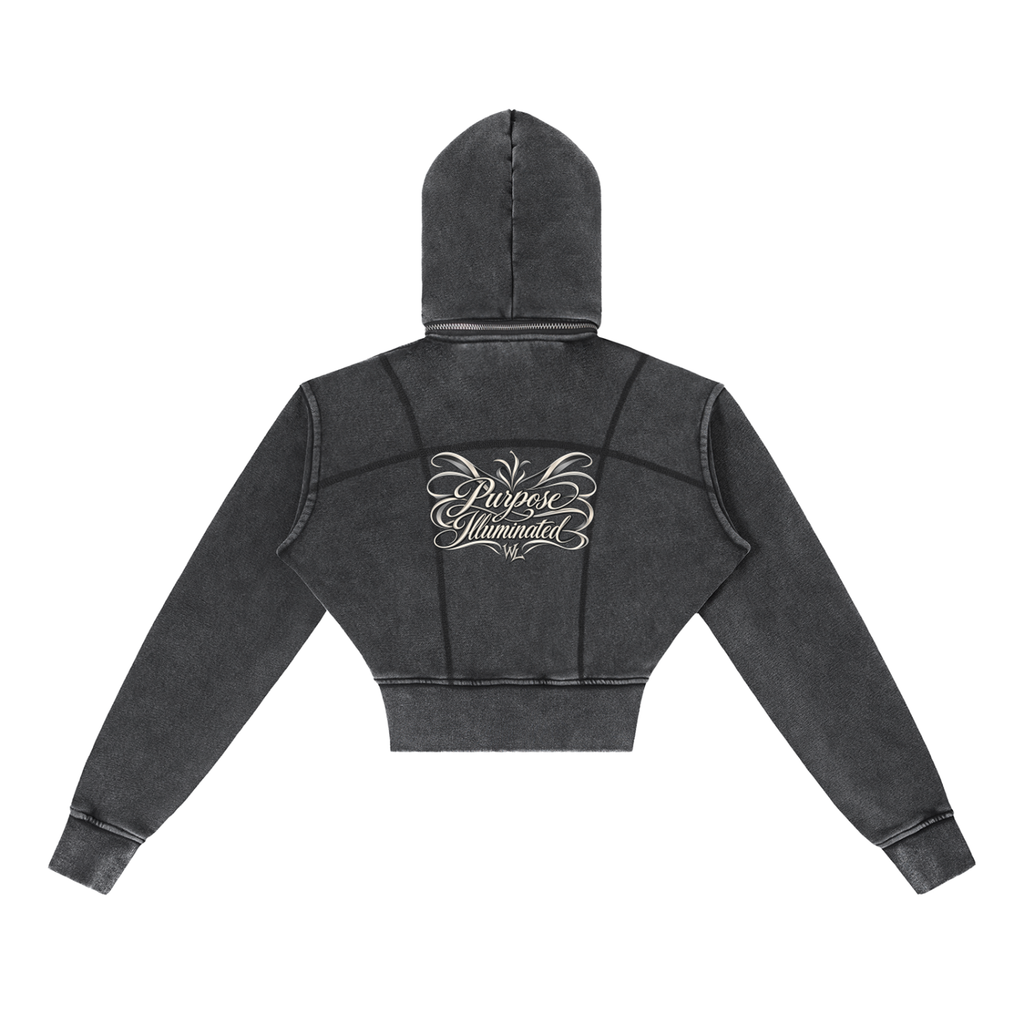 Back view of washed black WHYELUME Purpose Illuminated cropped fleece hoodie with white script back graphic
