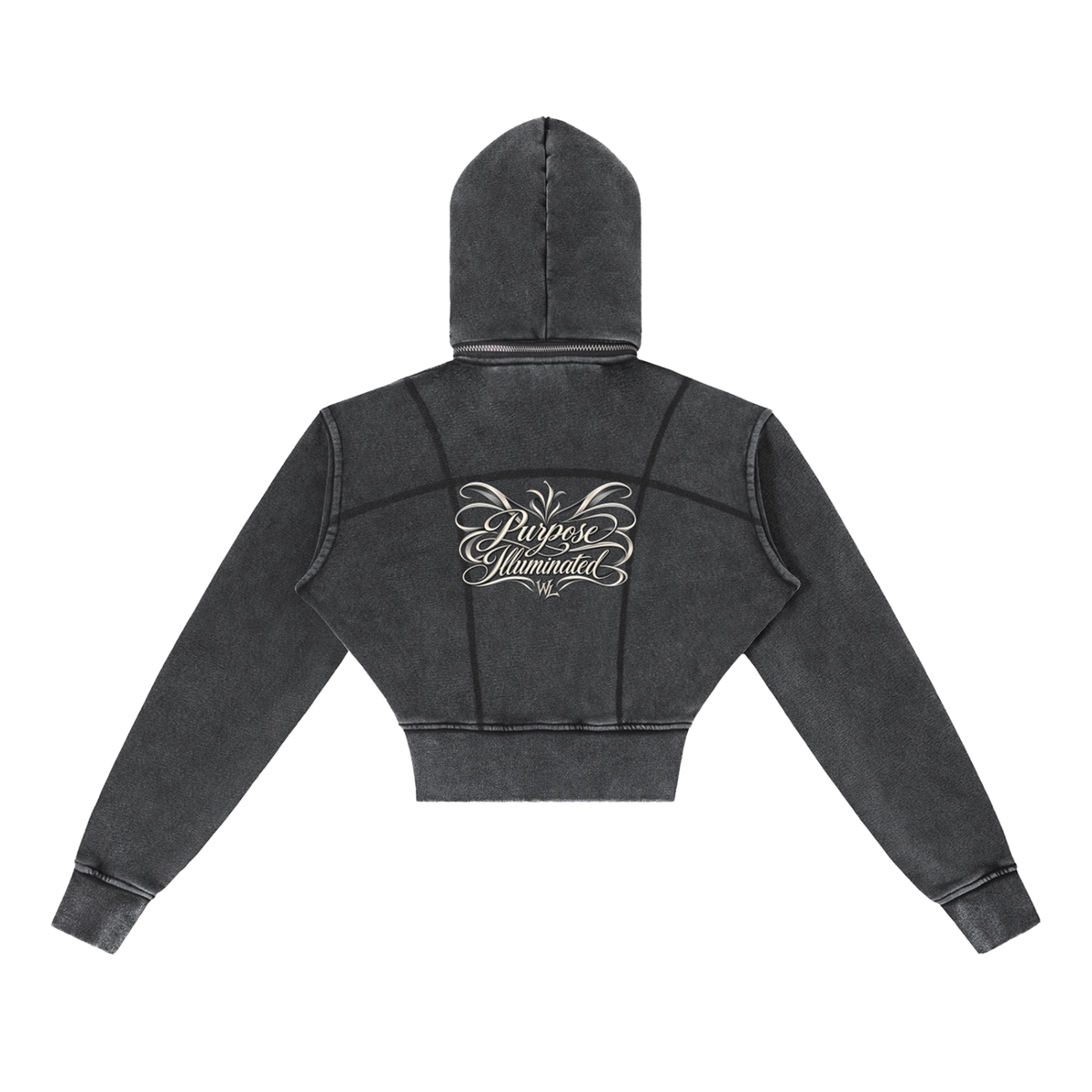 Back view of washed black WHYELUME Purpose Illuminated cropped fleece hoodie with white script back graphic