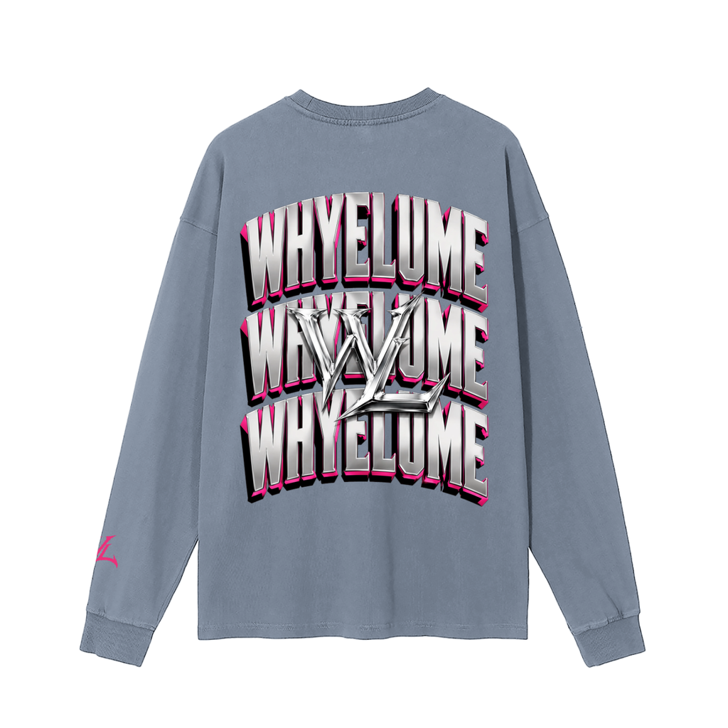 Back view of gray blue WHYELUME Chrome Stack washed long sleeve tee with white and pink stacked wordmark graphic