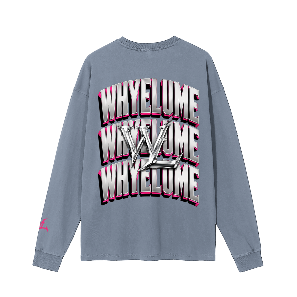 Back view of gray blue WHYELUME Chrome Stack washed long sleeve tee with white and pink stacked wordmark graphic