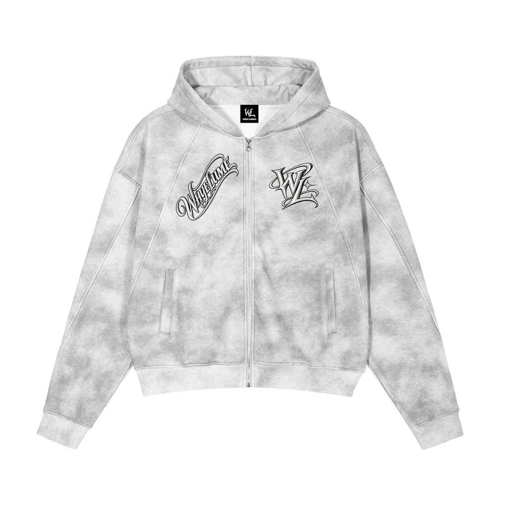 Front view of flower gray WHYELUME Purpose Illuminated dirty washed full-zip fleece hoodie with black script and WL chest graphics