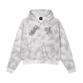 Front view of flower gray WHYELUME Purpose Illuminated dirty washed full-zip fleece hoodie with black script and WL chest graphics