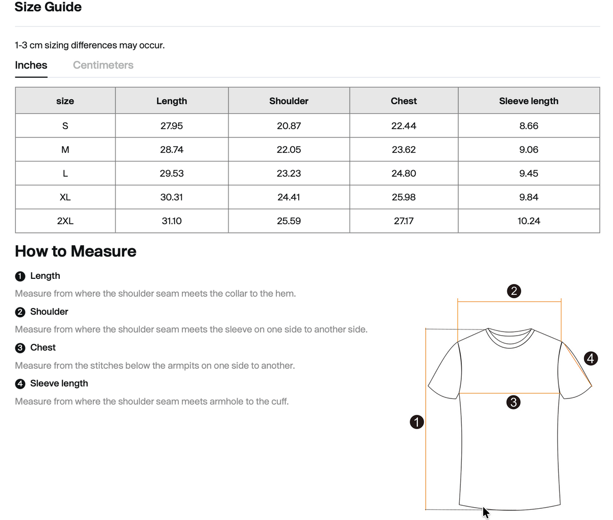 Size chart for WHYELUME Forged Mark drop shoulder tee with length, shoulder, chest, and sleeve measurements in inches
