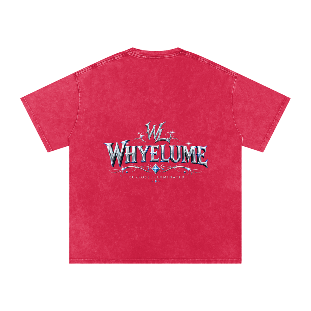Back view of dark red snow washed WHYELUME Silver Crest tee with silver crest wordmark graphic
