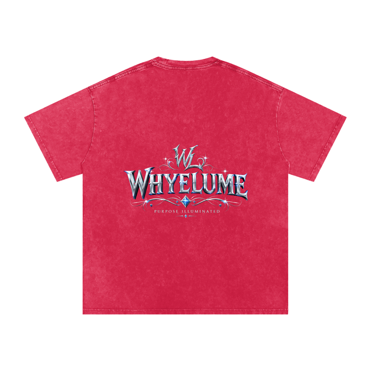 Back view of dark red snow washed WHYELUME Silver Crest tee with silver crest wordmark graphic