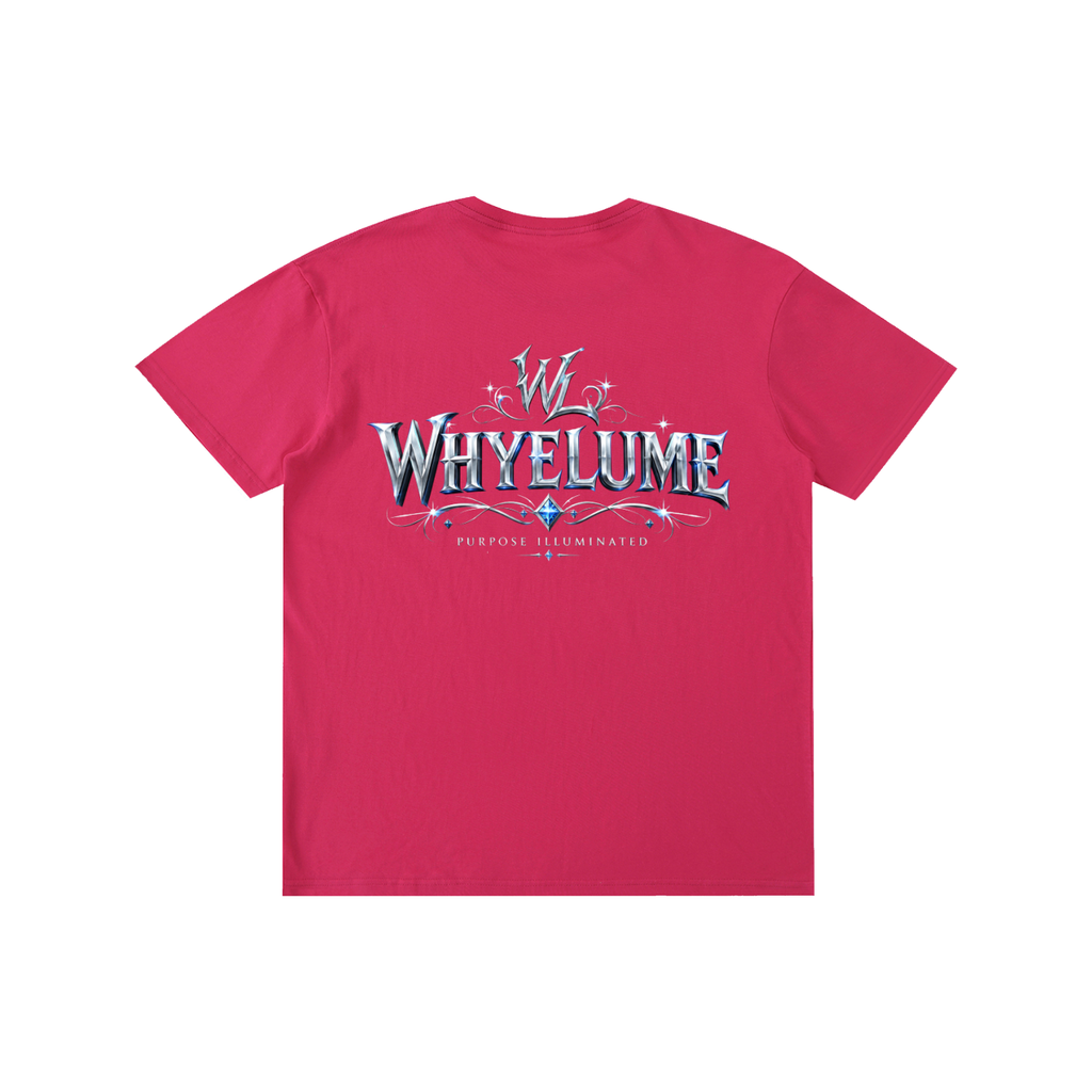 Back view of rose pink WHYELUME Silver Crest tee with silver crest wordmark graphic