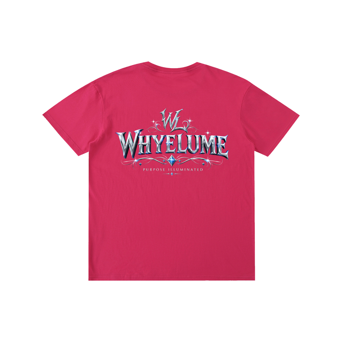 Back view of rose pink WHYELUME Silver Crest tee with silver crest wordmark graphic
