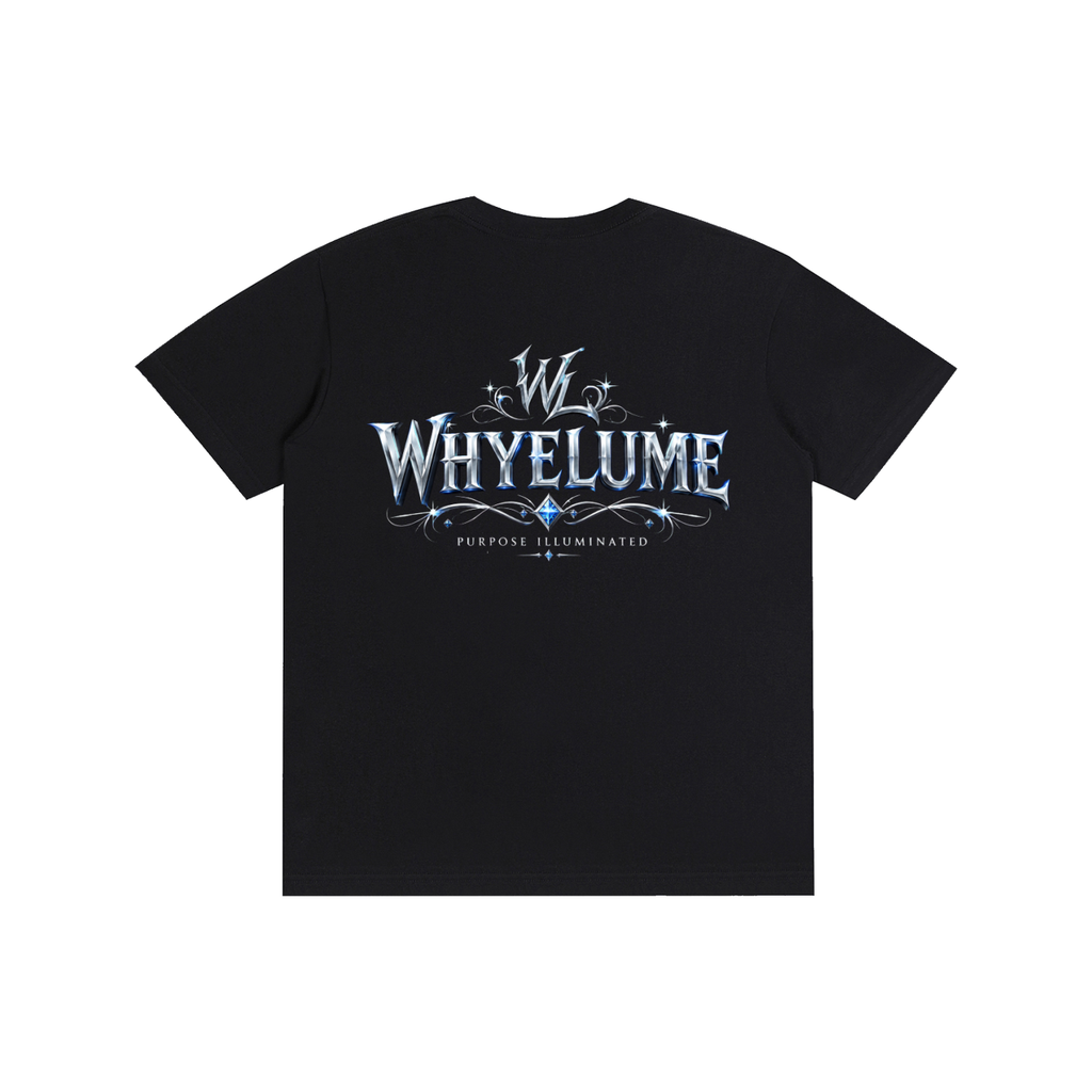 Back view of black WHYELUME Silver Crest tee with silver crest wordmark graphic