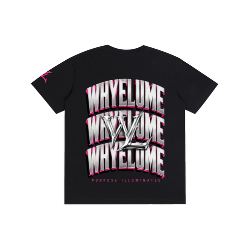 Back view of black WHYELUME Chrome Stack cotton tee with white and pink stacked wordmark graphic