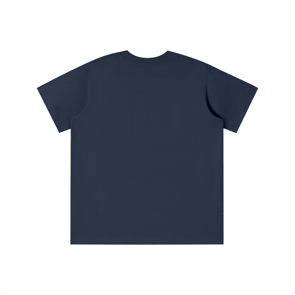 Back view of navy blue WHYELUME Kids Arcade Energy tee with no print