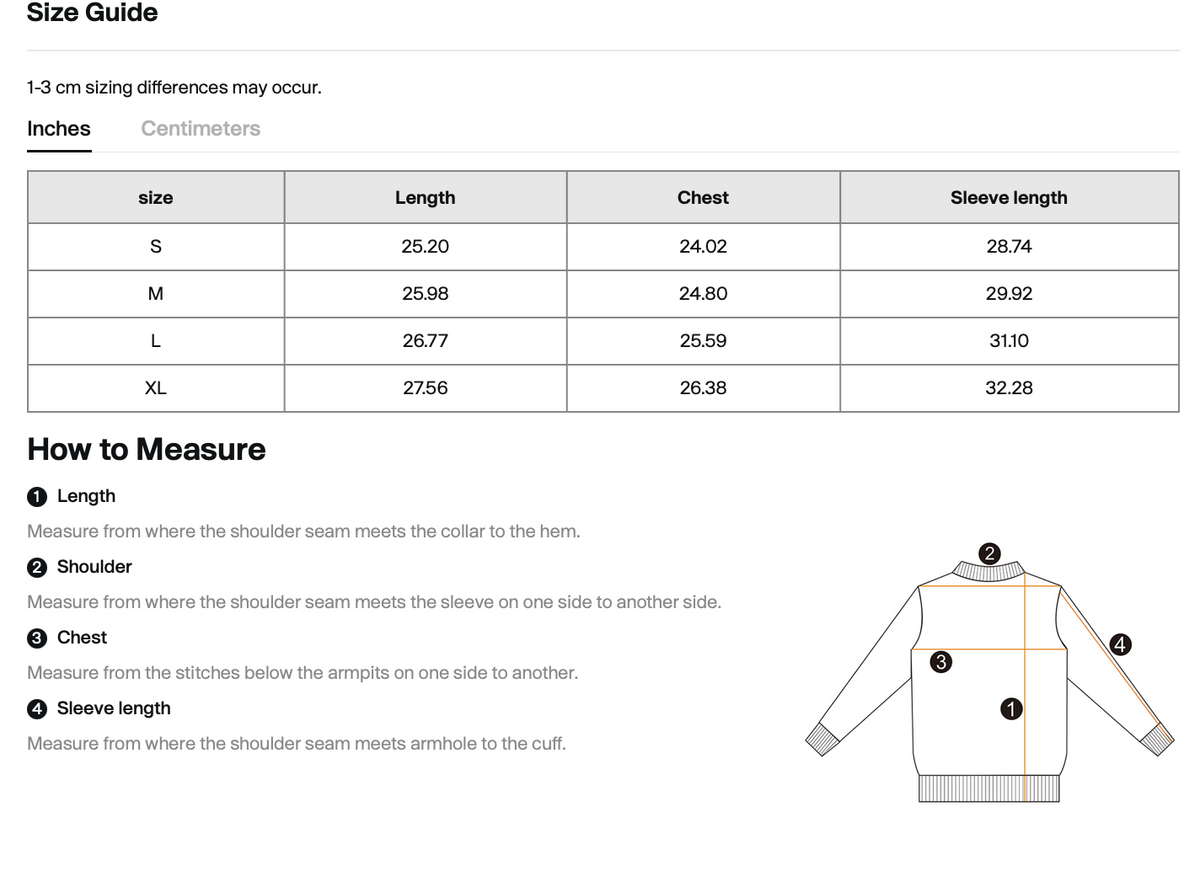 Size chart for WHYELUME Mineral Wash Piping Raw Hem sweatshirt with length, chest, and sleeve measurements in inches