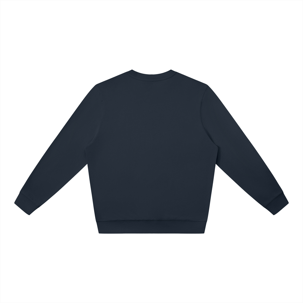 Back view of navy blue WHYELUME Flare Mark oversized crewneck sweatshirt with no print