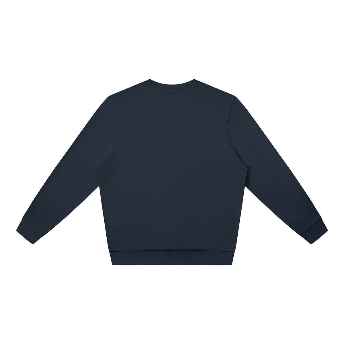Back view of navy blue WHYELUME Flare Mark oversized crewneck sweatshirt with no print