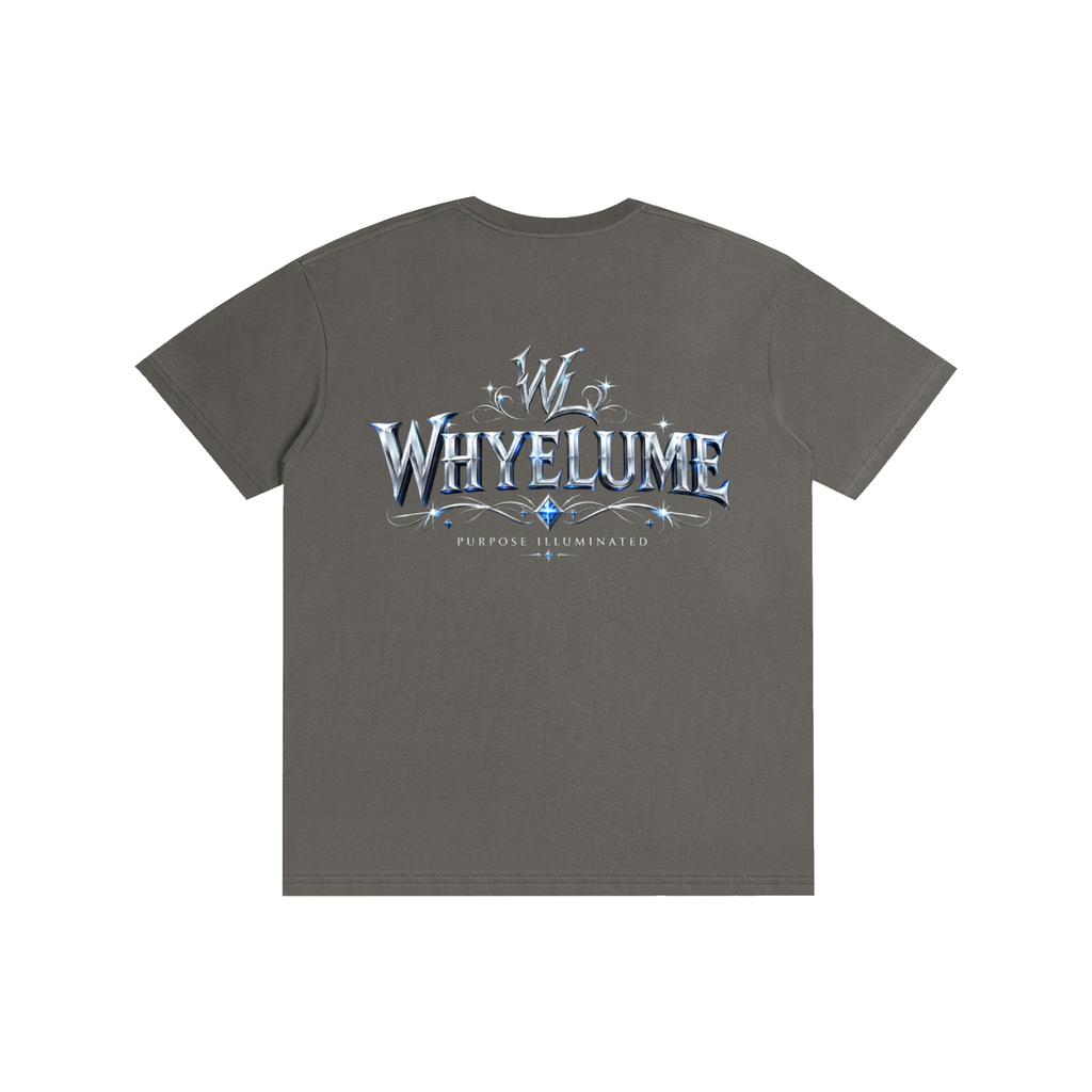 Back view of charcoal gray WHYELUME Silver Crest tee with silver crest wordmark graphic