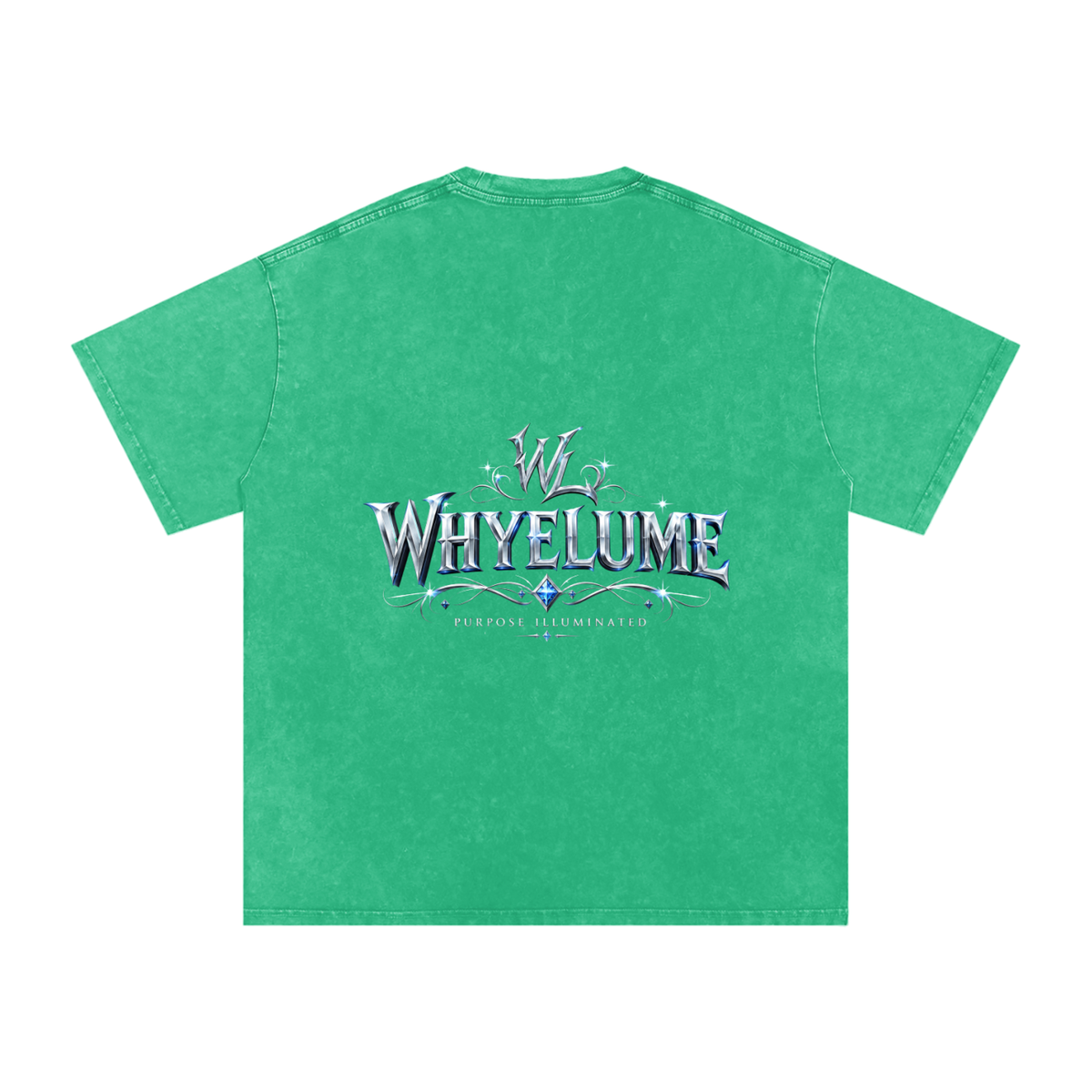 Back view of grass green snow washed WHYELUME Silver Crest tee with silver crest wordmark graphic